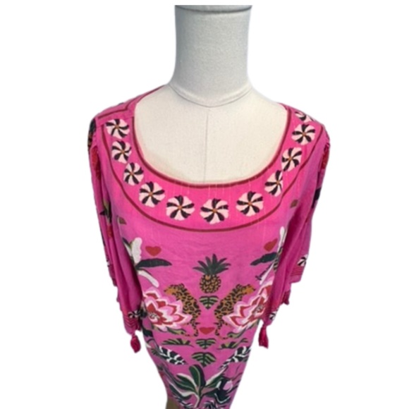 FARM Rio Anthropologie Pink Leopard Forest Beach Cover-Up Dress Kaftan (S) - Picture 6 of 13